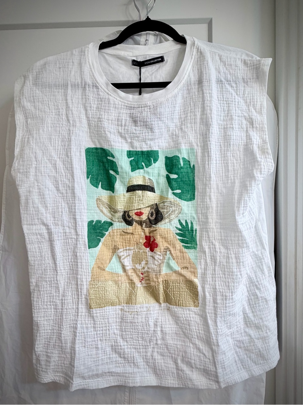 White Graphic Tank Top with Tropical Woman Illustration